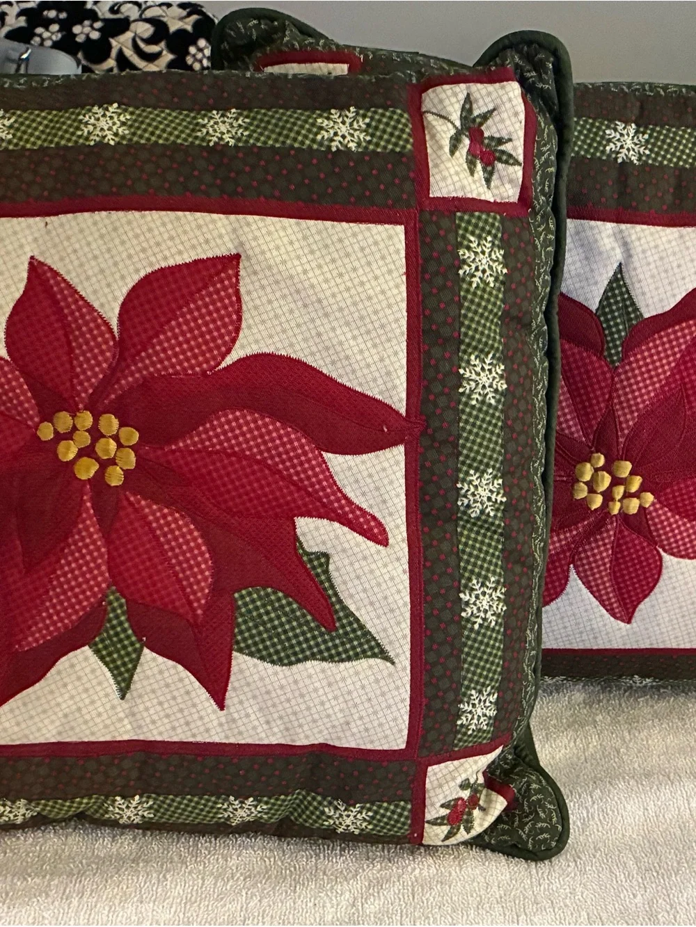 Holiday Poinsettia Decorative Pillow -Red and Green Quilted snowflakes-set of 2